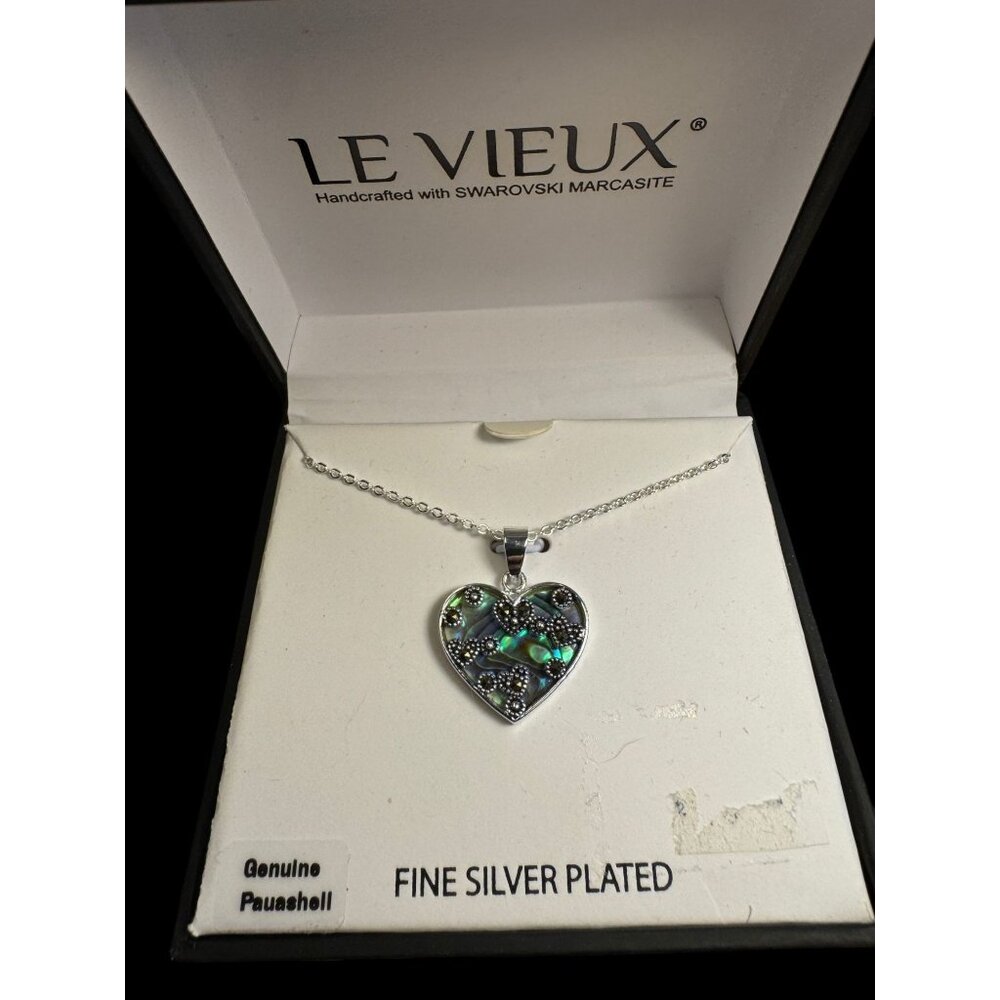 Le Vieux Silver Plated Heart Necklace With Paua Shell & Swarovski Marcasite NIB